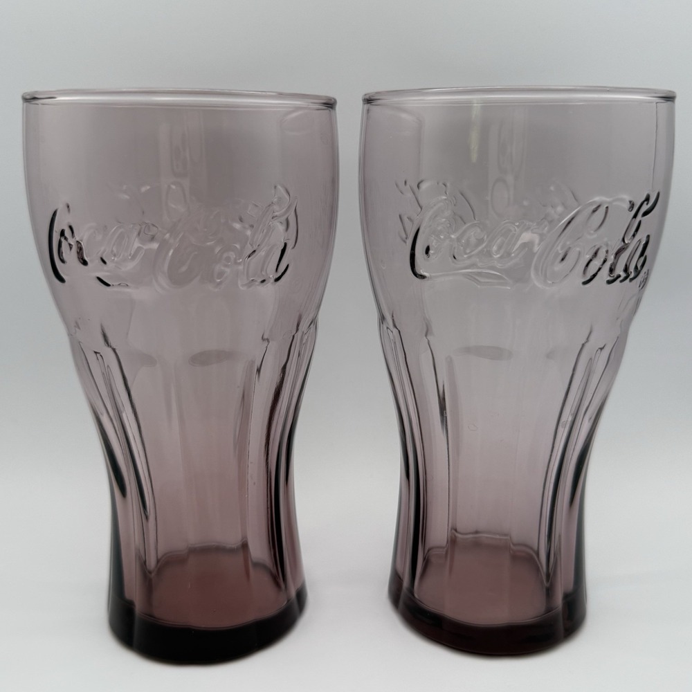 Vintage Libbey Coca-Cola Amethyst Purple Embossed Glass Tumblers Set of 2 16oz